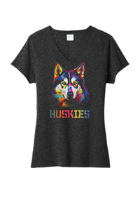 Harrison Central Husky Dog Rainbow Colors Ladies Tri-Blend V-Neck Tee