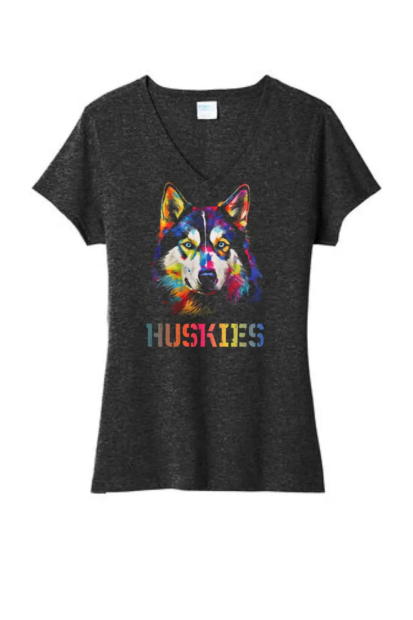 Harrison Central Husky Dog Rainbow Colors Ladies Tri-Blend V-Neck Tee