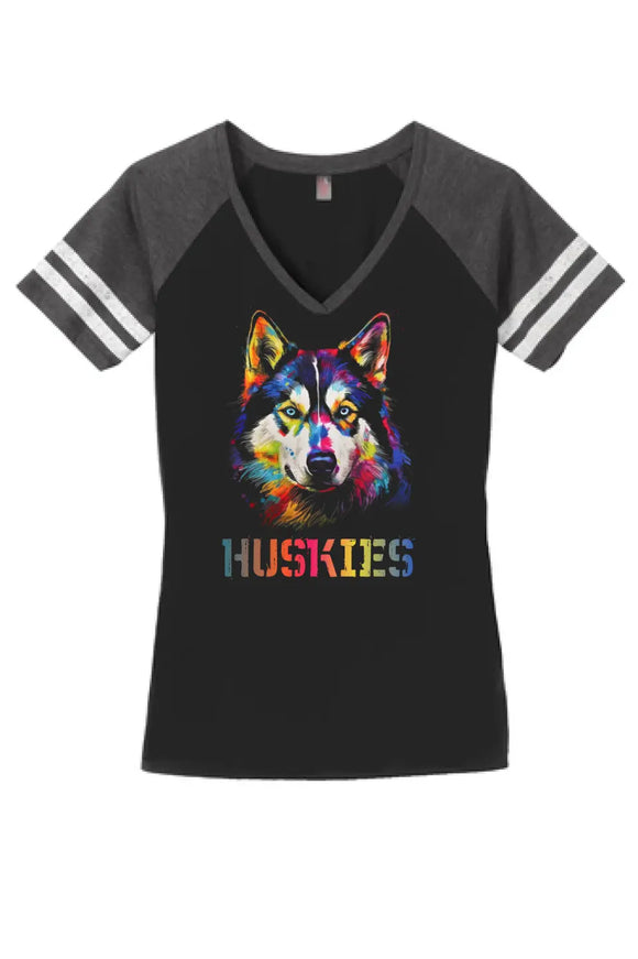 Harrison Central Husky Dog Rainbow Colors Women's Game V-Neck Tee