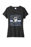 Harrison Central Husky Dog Arch Distressed Ladies Tri-Blend V-Neck Tee