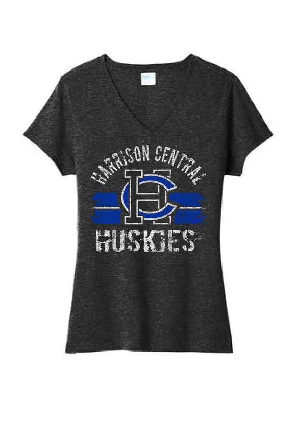 Harrison Central Distressed Arch and Stripes Ladies Tri-Blend V-Neck Tee