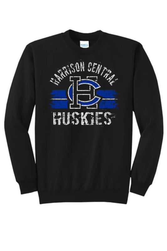 Harrison Central Distressed Arch and Stripes Core Fleece Crewneck