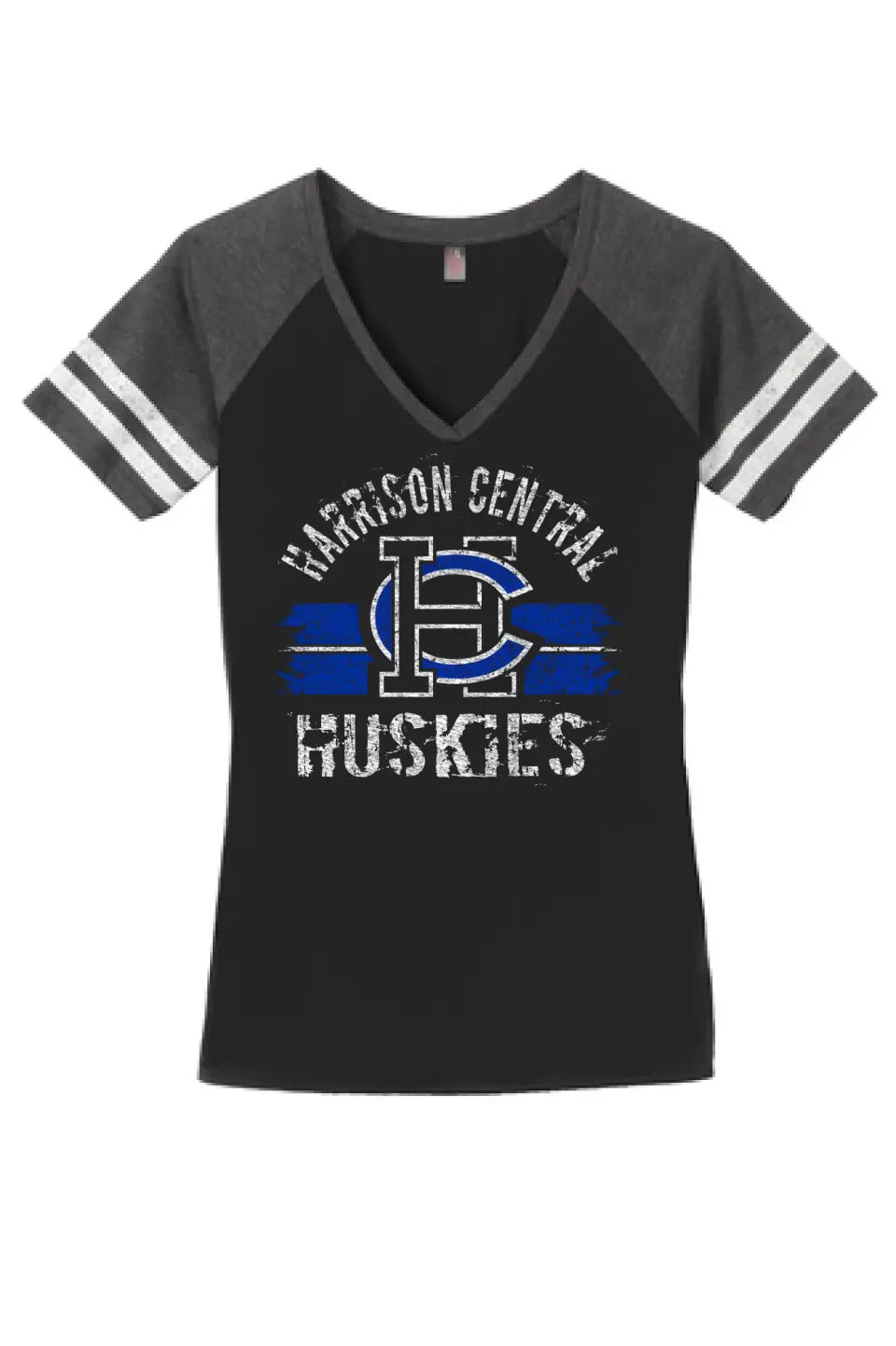 Harrison Central Distressed Arch and Stripes Women's Game V-Neck Tee