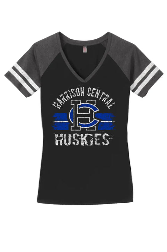 Harrison Central Distressed Arch and Stripes Women's Game V-Neck Tee