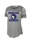 Harrison Central Huskies Background Fade Ladies PosiCharge Tri-Blend Wicking Fan Tee