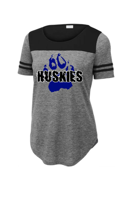 Huskies Distressed Paw Ladies PosiCharge Tri-Blend Wicking Fan Tee