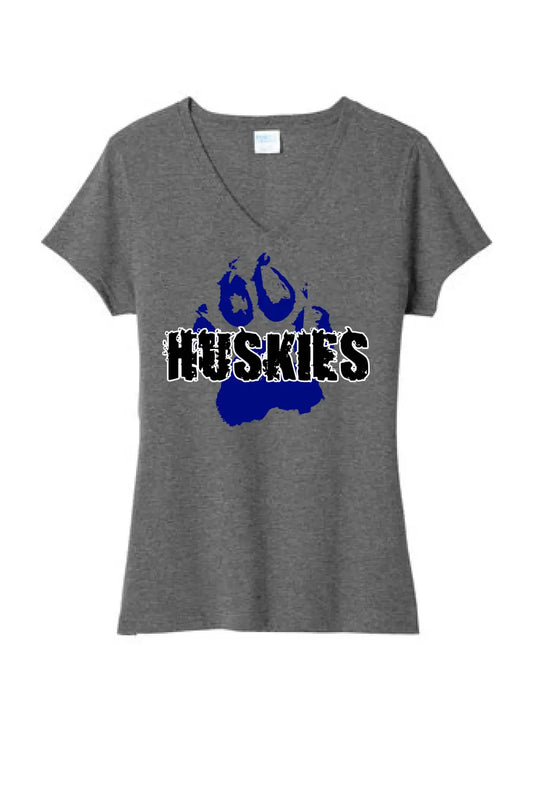 Huskies Distressed Paw Ladies Tri-Blend V-Neck Tee