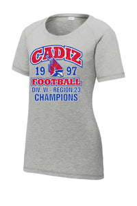 Cadiz Cardinals 1997 Football Region 23 Champs Ladies PosiCharge Tri-Blend Wicking Scoop Neck Raglan Tee