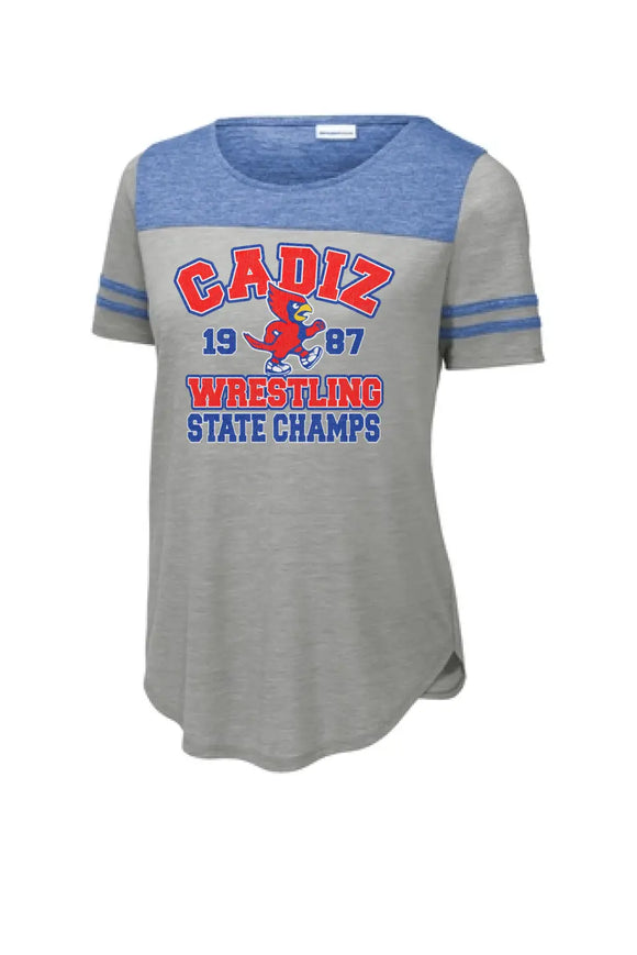 Cadiz Cardinals Distressed 1987 Wrestling State Champions Ladies PosiCharge Tri-Blend Wicking Fan Tee