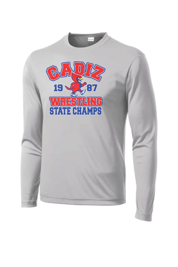 Cadiz Cardinals Distressed 1987 Wrestling State Champions Long Sleeve PosiCharge Competitor Tee