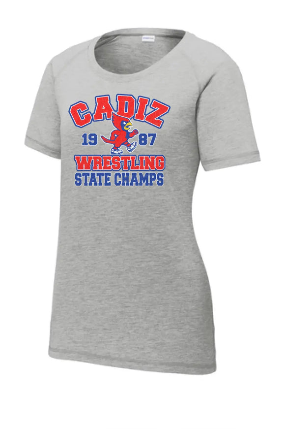 Cadiz Cardinals Distressed 1987 Wrestling State Champions Ladies PosiCharge Tri-Blend Wicking Scoop Neck Raglan Tee