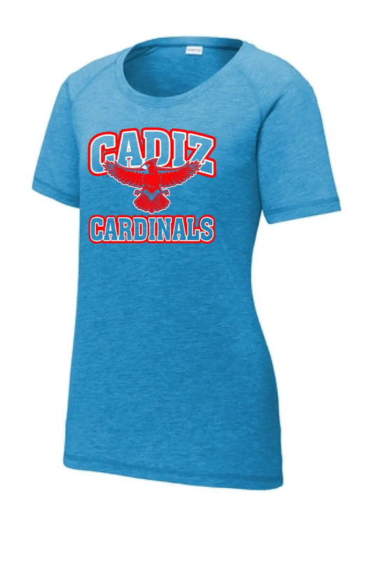 Cadiz Cardinals Distressed Wings Ladies PosiCharge Tri-Blend Wicking Scoop Neck Raglan Tee