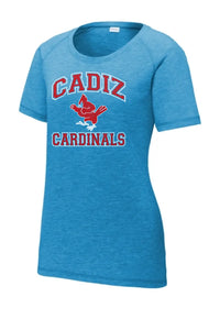 Cadiz Cardinals Vintage Fighting Distressed Ladies PosiCharge Tri-Blend Wicking Scoop Neck Raglan Tee