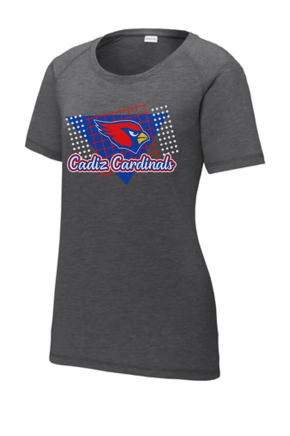 Cadiz Cardinals Distressed 80s Ladies PosiCharge Tri-Blend Wicking Scoop Neck Raglan Tee