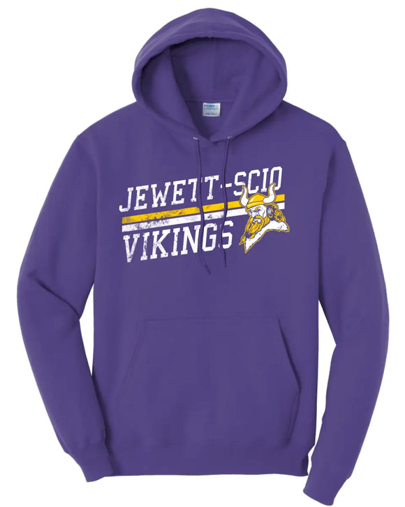 Jewett-Scio Vikings Rising Distressed Design on Purple Core Fleece Hoodie
