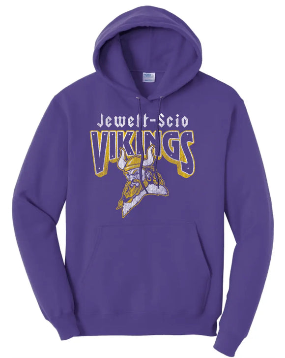 Jewett-Scio Vikings Rivets Distressed Design on Purple Core Fleece Hoodie