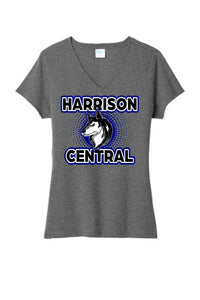 Harrison Central Huskies Background Fade Ladies Tri-Blend V-Neck Tee