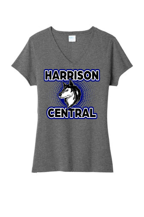 Harrison Central Huskies Background Fade Ladies Tri-Blend V-Neck Tee