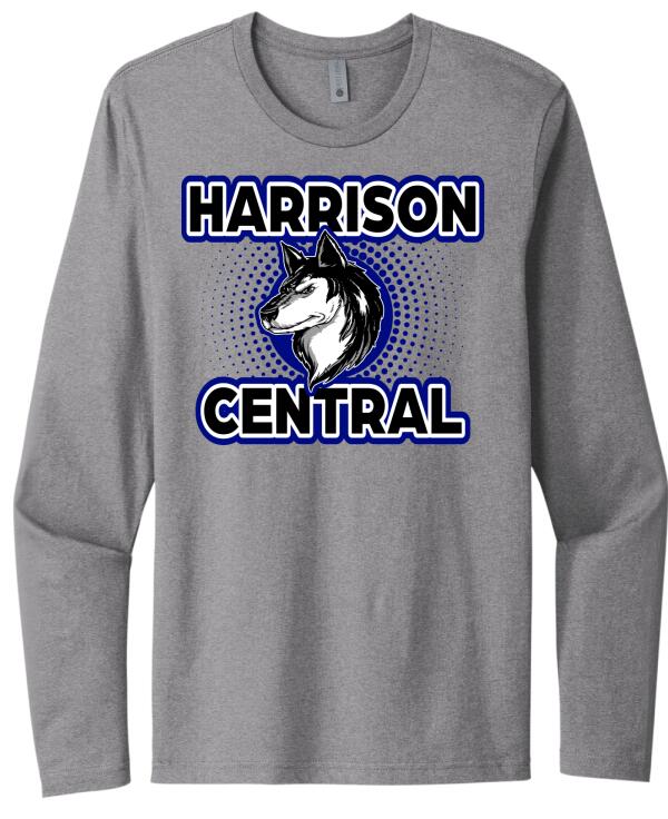 Harrison Central Huskies Background Fade Next Level Cotton Long Sleeve Tee