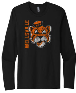 Wellsville Distressed Vintage Tiger Logo Next Level Cotton Long Sleeve Tee