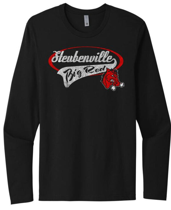 Steubenville Big Red Distressed Oval Script Next Level Cotton Long Sleeve Tee