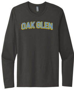 Oak Glen Distressed Letters Next Level Cotton Long Sleeve Tee