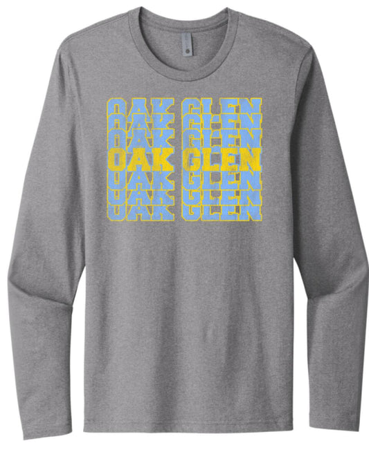 Oak Glen Distressed Repeating Next Level Cotton Long Sleeve Tee