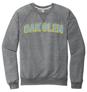 Oak Glen Distressed Letters Jerzees Snow Heather French Terry Raglan Crew