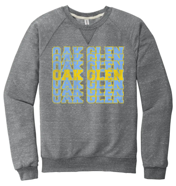 Oak Glen Distressed Repeating Jerzees Snow Heather French Terry Raglan Crew