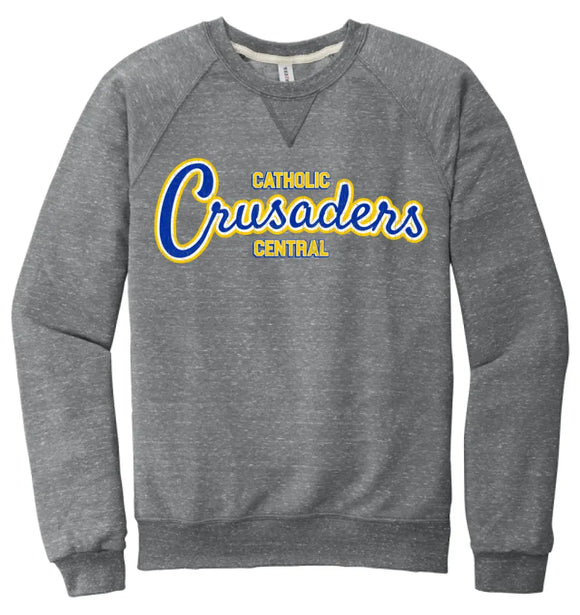 Steubenville Catholic Central Distressed Crusaders Script Jerzees Snow Heather French Terry Raglan Crew