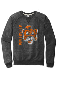 Wellsville Distressed Vintage Tiger Logo Jerzees Snow Heather French Terry Raglan Crew