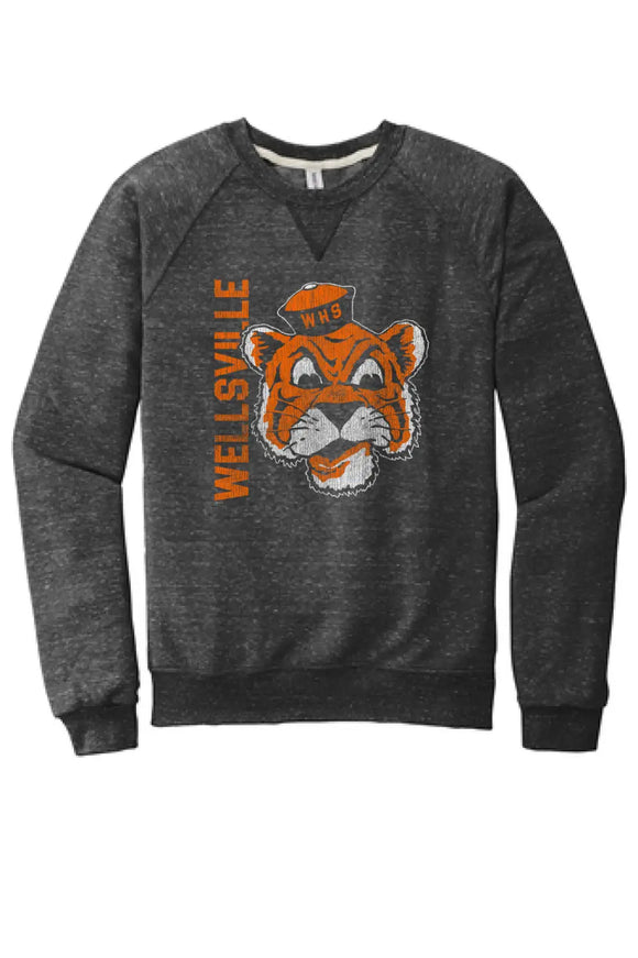 Wellsville Distressed Vintage Tiger Logo Jerzees Snow Heather French Terry Raglan Crew