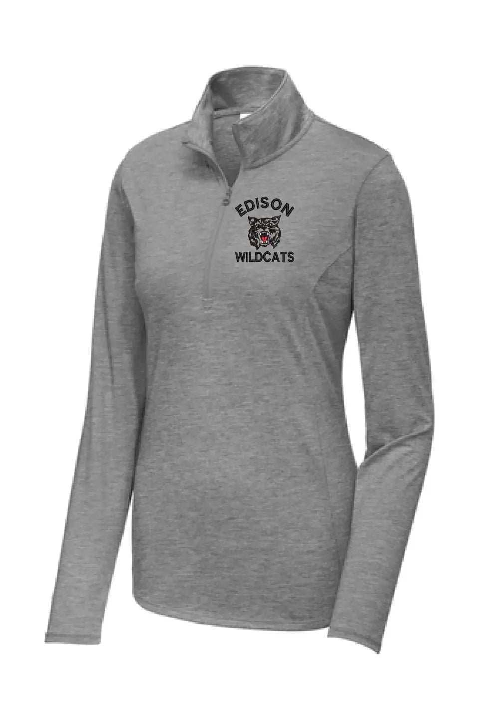 Edison Wildcats Embroidery on Gray Ladies PosiCharge Tri-Blend Wicking 1/4-Zip Pullover