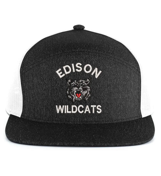 Edison Wildcats Embroidery on Black 6-Panel Arch Trucker Snapback Cap