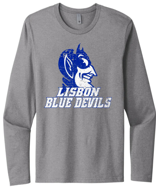 Lisbon Blue Devils Vast Distressed Design Next Level Cotton Long Sleeve Tee