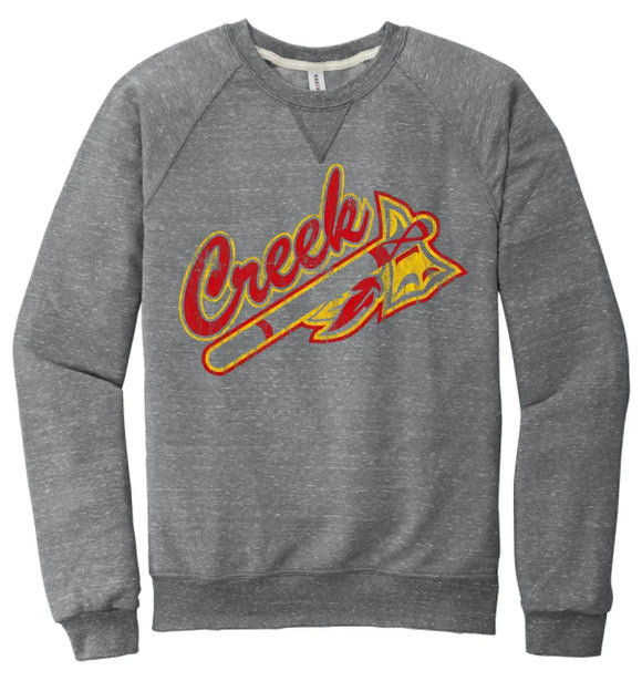 Indian Creek Tomahawk on Grey Jerzees Snow Heather French Terry Raglan Crew