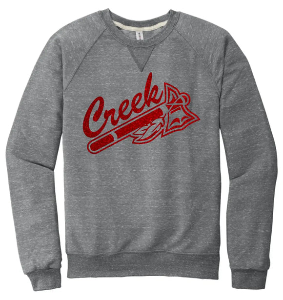 Indian Creek Red Glitter Tomahawk Jerzees Snow Heather French Terry Raglan Crew